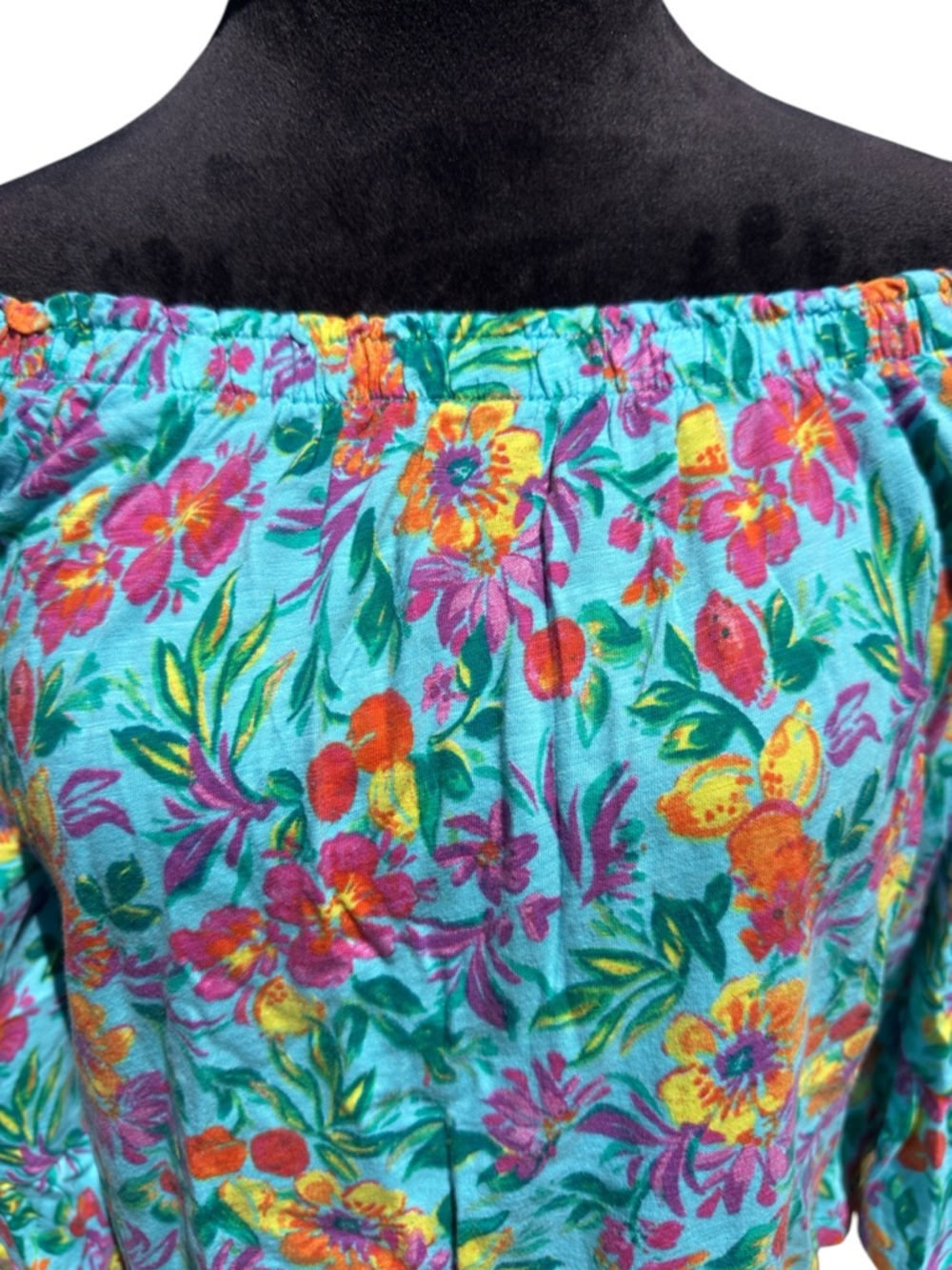 Stella Parker Teal Floral Off the Shoulder Cotton Blouse Ruffle Sleeve Large - Picture 4 of 9